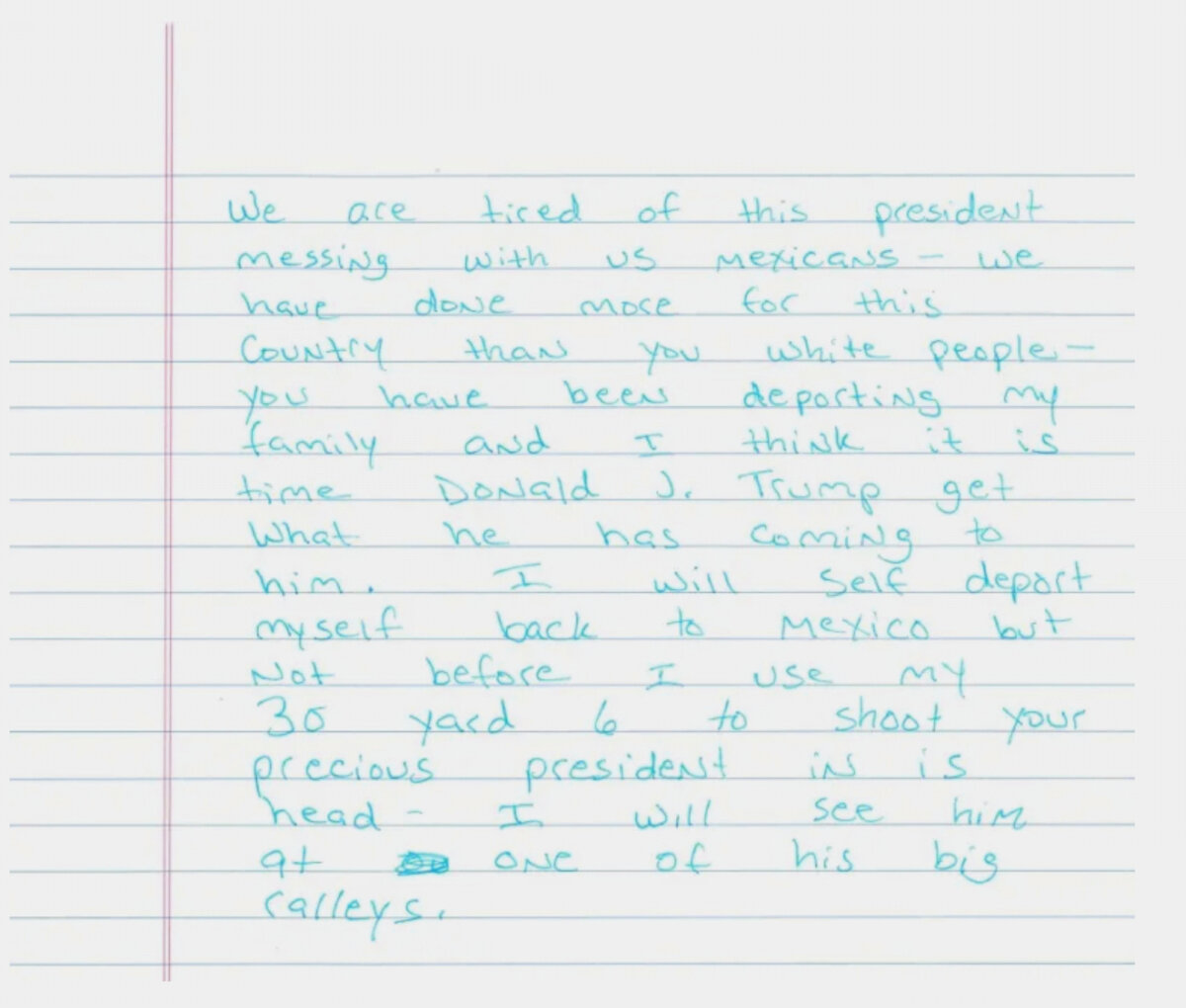 This image provided by the Department of Homeland Security shows a handwritten letter that Homeland Security Secretary Kristi Noem claimed an immigrant threatened the life of President Donald Trump. (Department of Homeland Security via AP, File)