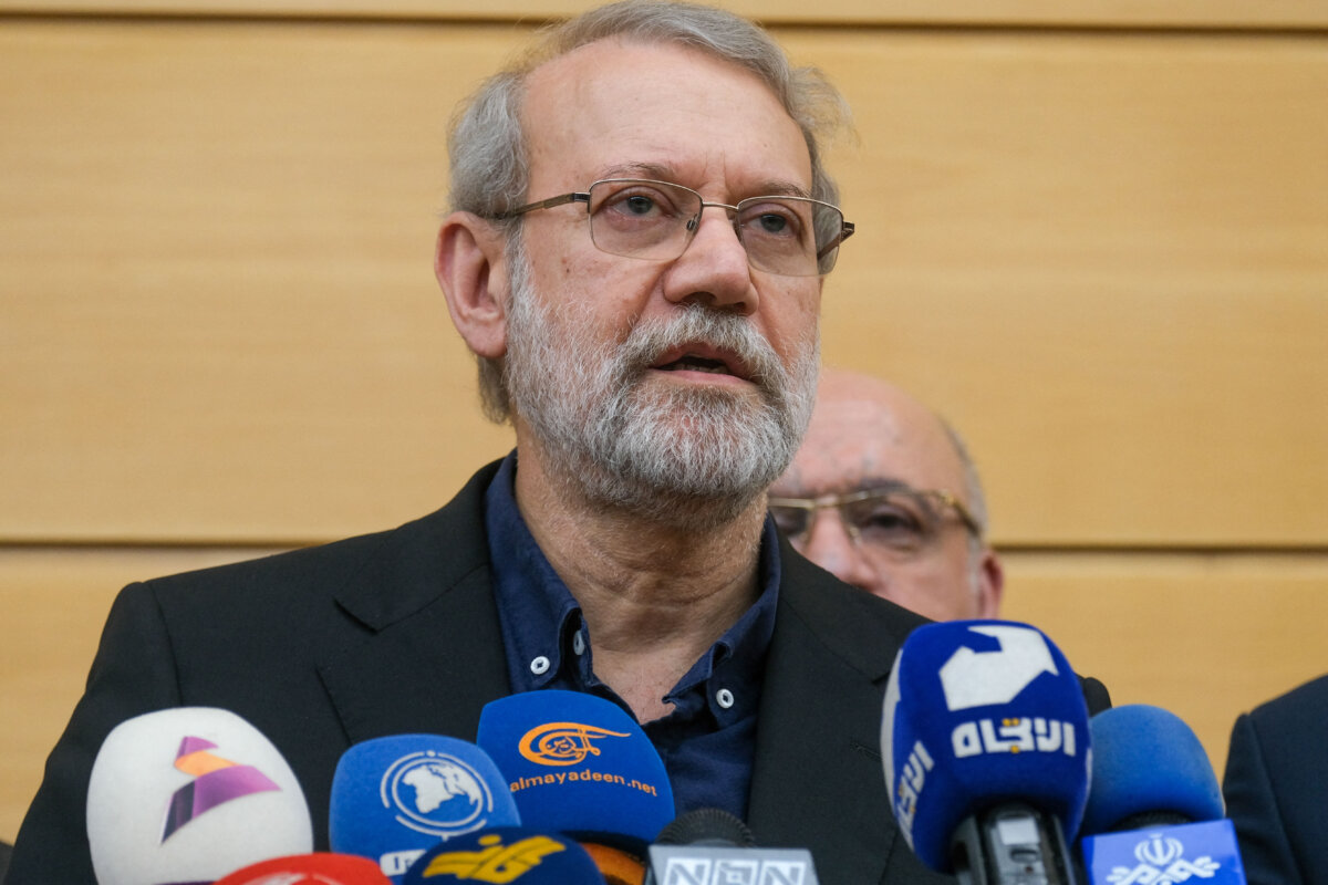 Ali Larijani, secretary of Iran's Supreme National Security Council, arrives to attend a memorial service in Beirut, Lebanon, on Sept. 27, 2025. (Courtney Bonneau/Middle East Images via AFP)