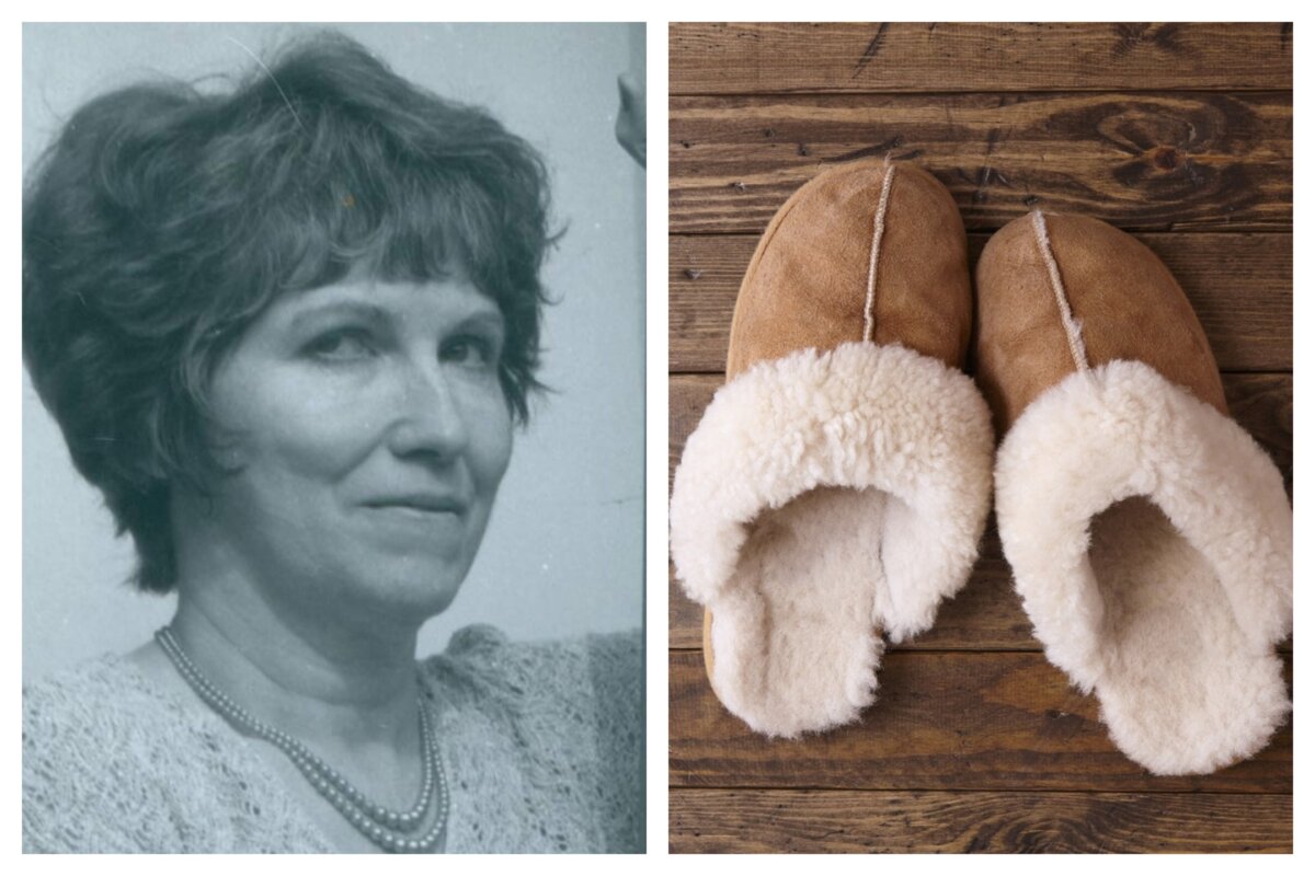 (Left) Poet and artist Sally Cook. (Courtesy of the Society of Classical Poets) (Right) In Cook’s poem “Erasing Me,” she refers to her slippers being boxed with care. (Becky Starsmore/Shutterstock)
