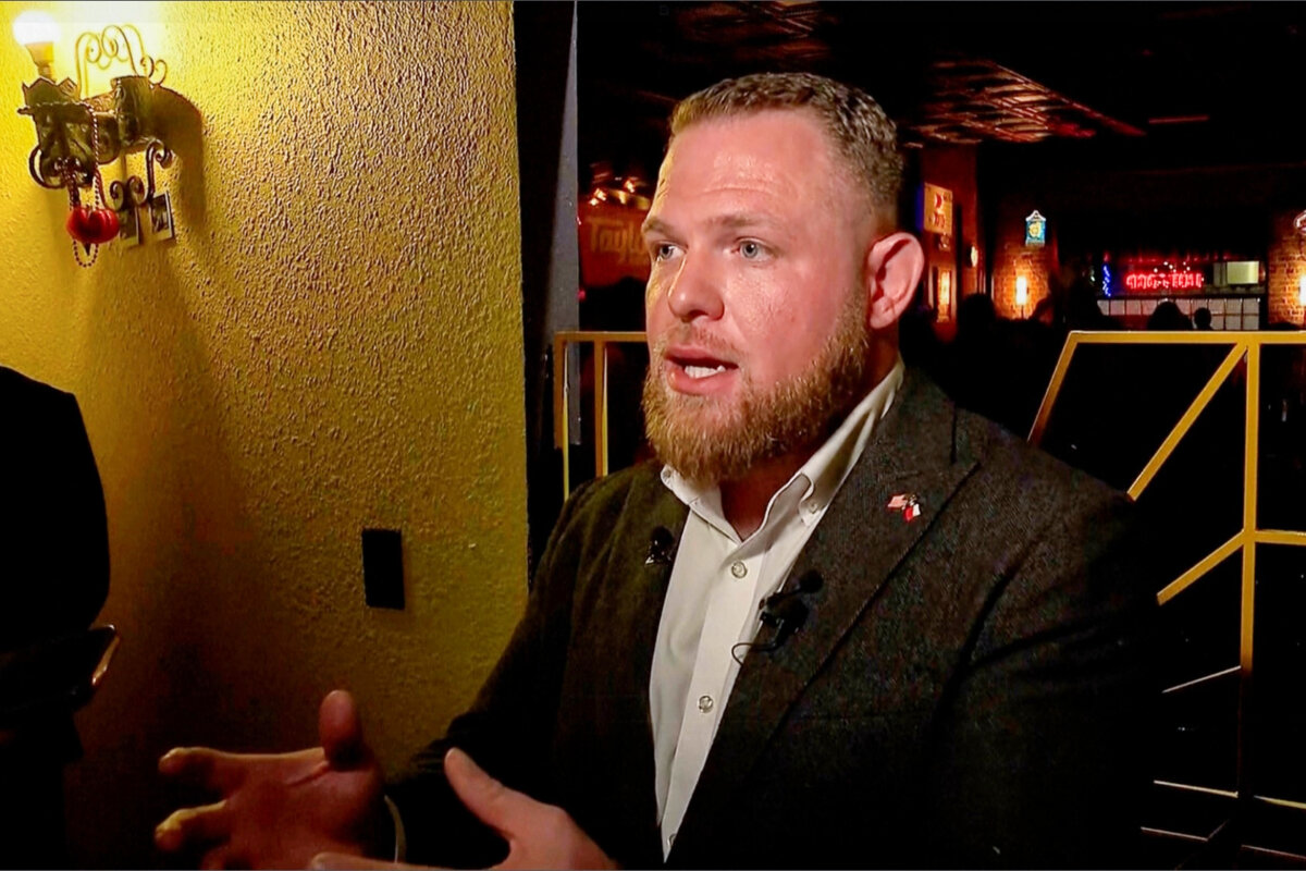 Texas state Sen.-elect Taylor Rehmet, a Democrat, speaks in Fort Worth after winning a special election, on Jan. 31, 2026. (KXAS screenshot via AP)