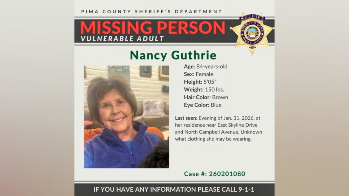 A missing person alert for Nancy Guthrie. (Pima County Sheriff’s Department via AP)