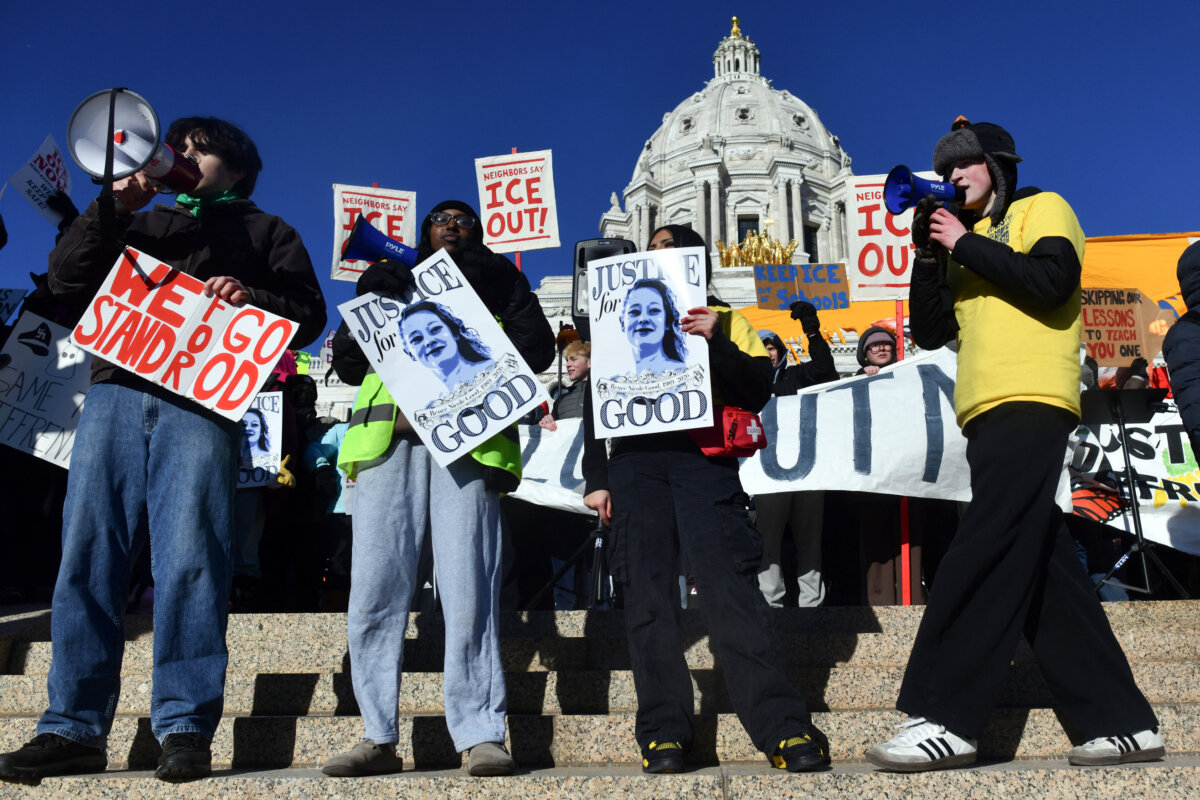 High school students protest against Immigration and Customs Enforcement outside the Minnesota Capitol in St. Paul on Jan. 14, 2026. (Octavio Jones/AFP via Getty Images)