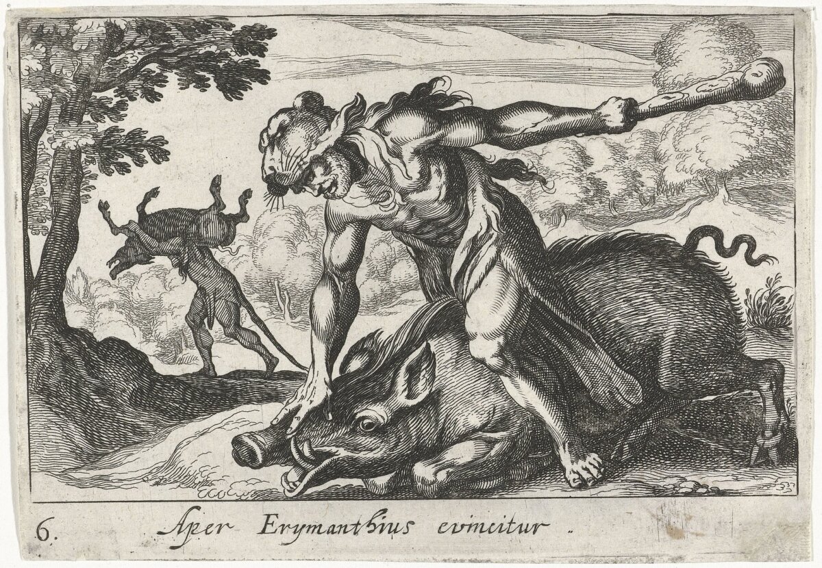 "Hercules Catches the Erymanthian Boar," circa 1610–1644, by Simon Frisius, after a design by Antonio Tempesta. In this print, Hercules is depicted capturing the boar, and also carrying it back to civilization. Rijksmuseum, Amsterdam. (Public Domain)
