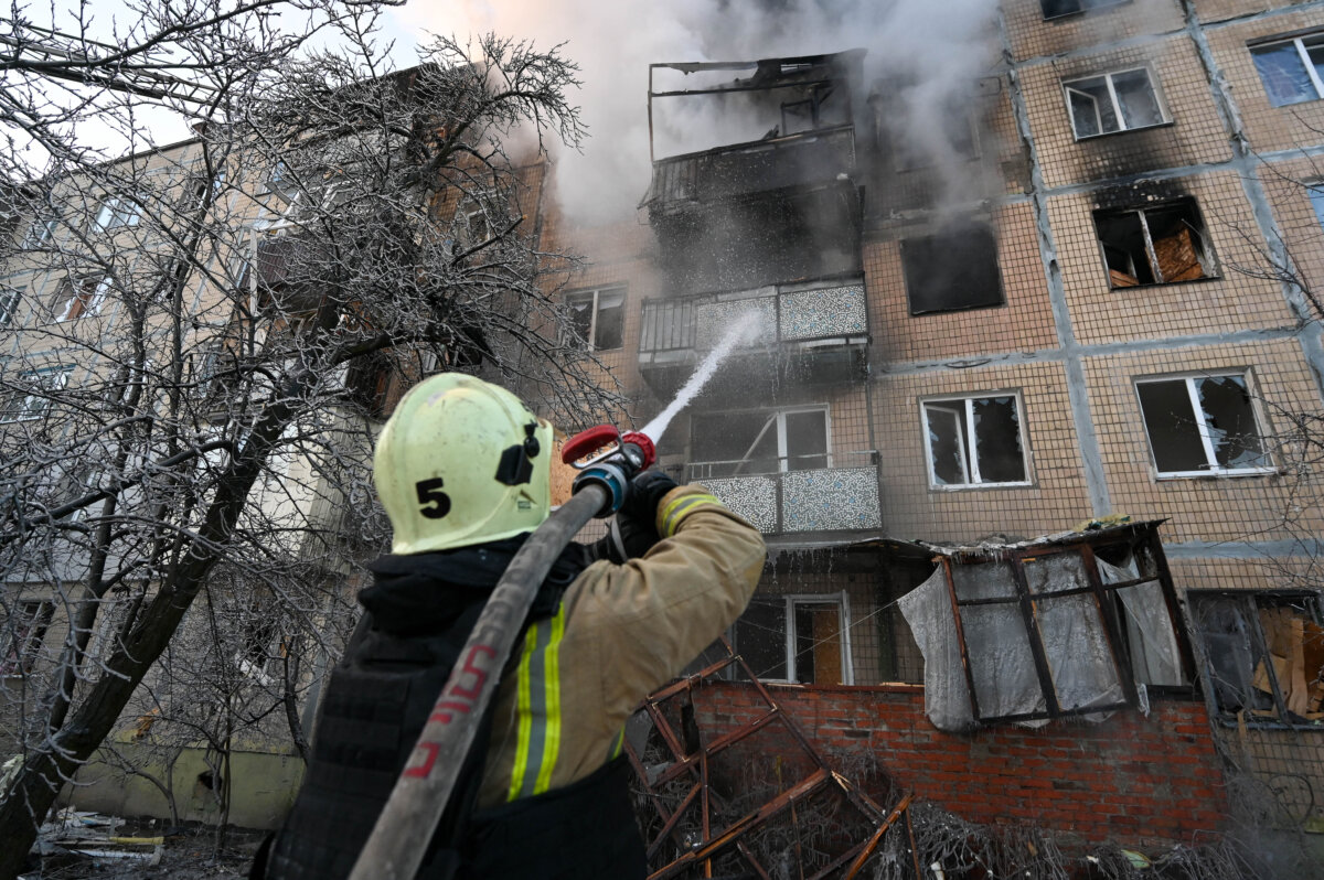 Firefighters work to douse flames after a Russian strike on Kharkiv, Ukraine, on Feb. 3, 2026. (Sergey Bobok/AFP via Getty Images)