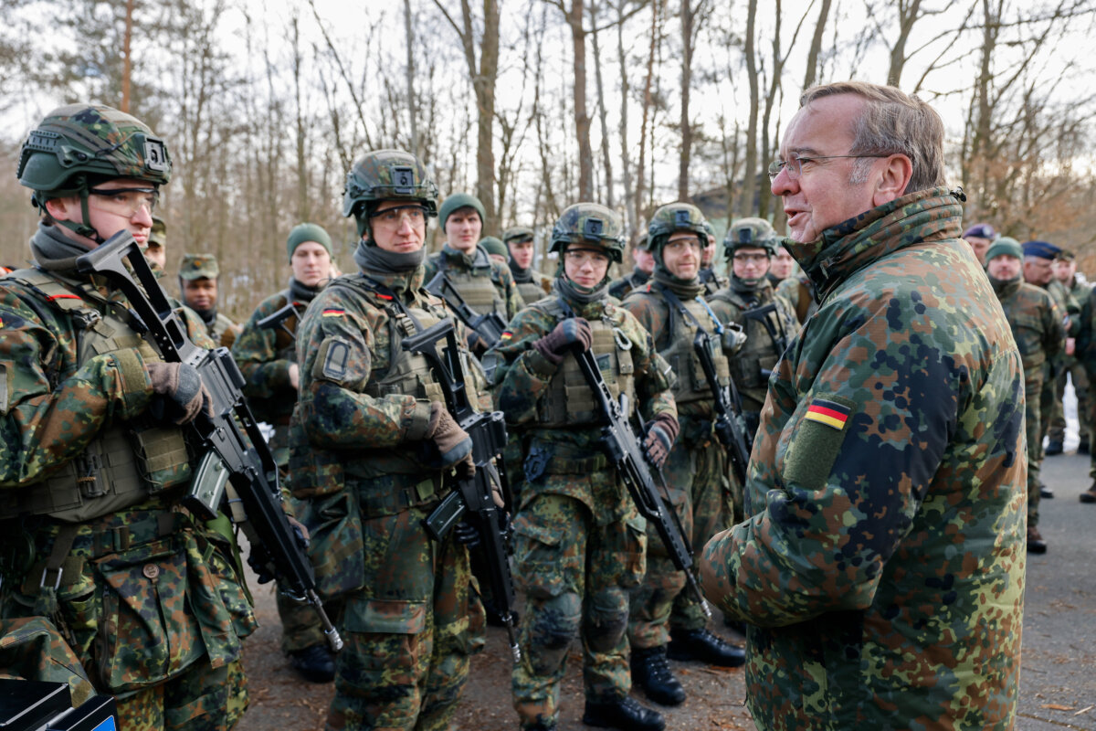 German Defense Minister Boris Pistorius speaks to German soldiers during a visit to the Luftwaffe officer training school in Roth, Germany, on Feb. 3, 2026. (Alexandra Beier/Getty Images)