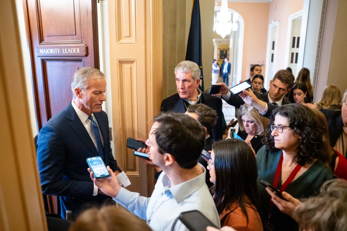 Senate Majority Leader John Thune (R-S.D.) speaks to press on Capitol Hill in Washington on Feb. 3, 2026. (Madalina Kilroy/The Epoch Times)