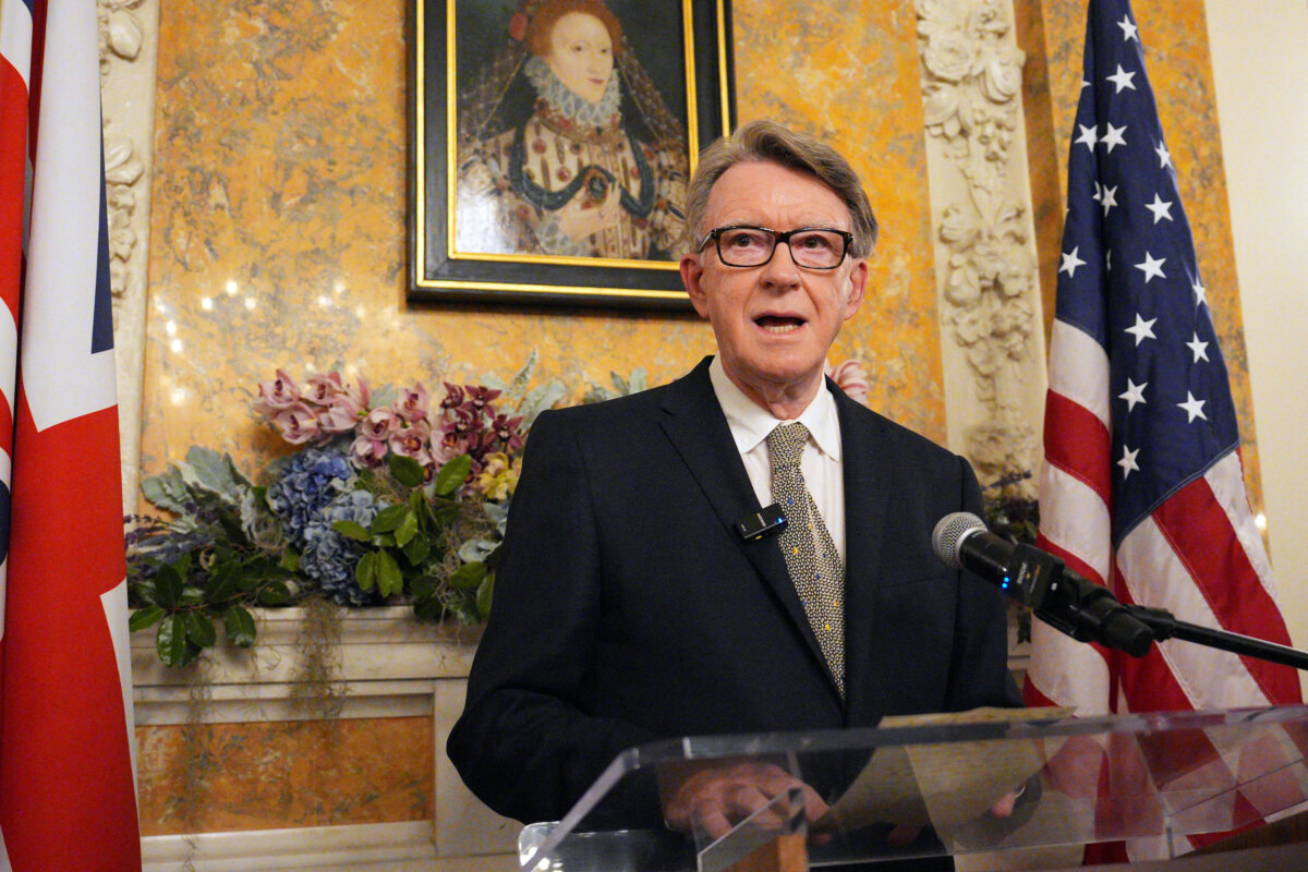 Britain's ambassador to the United States, Peter Mandelson, speaks during a welcome reception for British Prime Minister, Keir Starmer, at the ambassador's residence in Washington, on Feb. 26, 2025. (Carl Court/POOL/AFP via Getty Images)