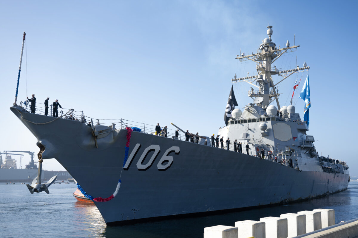 The Arleigh Burke-class guided-missile destroyer USS Stockdale arrives at San Diego naval base on Feb. 21, 2025. (Mass Communication Specialist Seaman Jordan Steis/U.S. Navy)