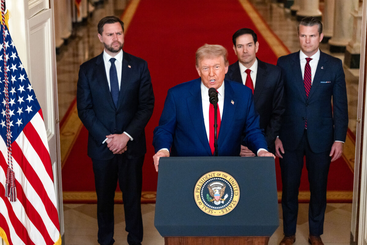 President Donald Trump delivers an address to the nation accompanied by Vice President JD Vance, Secretary of State Marco Rubio and Defense Secretary Pete Hegseth from the White House on June 21, 2025. President Trump addressed the three Iranian nuclear facilities that were struck by the U.S. military. (Carlos Barria - Pool/Getty Images)