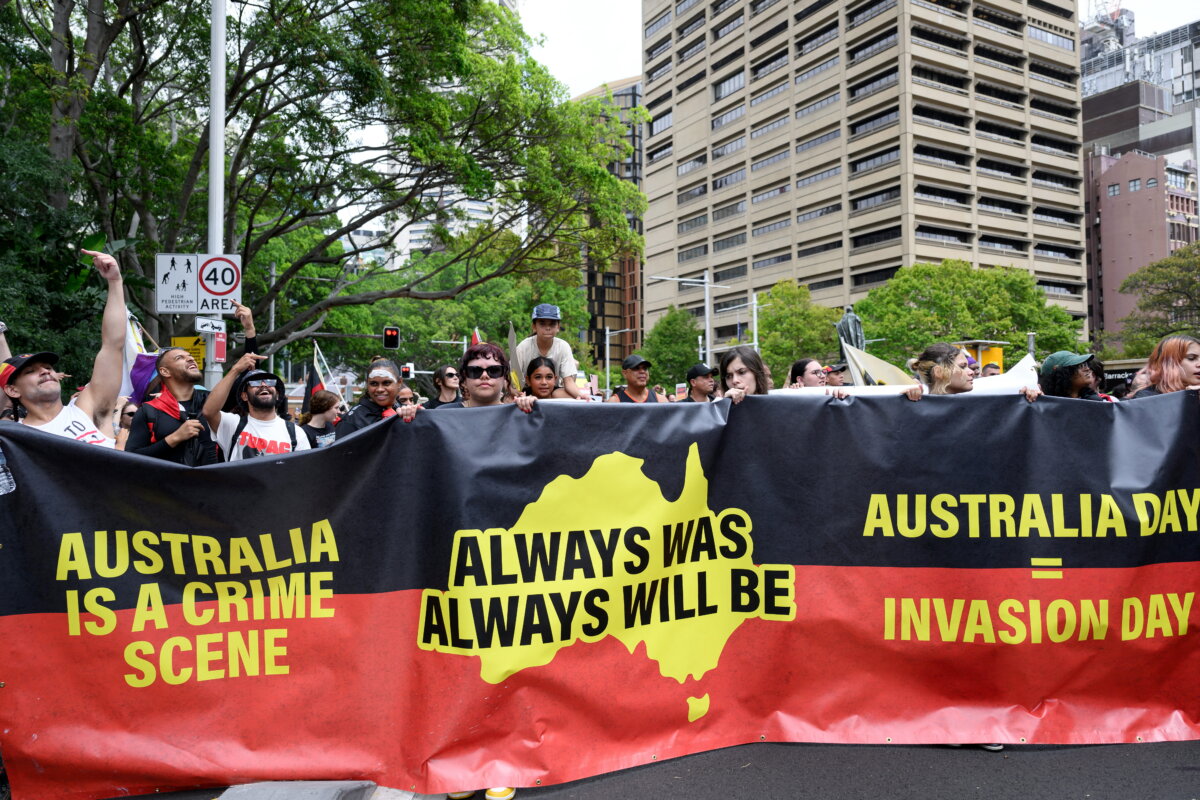 Demonstrators take part in the annual "Invasion Day" rally through the streets of Sydney on Australia Day on Jan. 26, 2026. (Steven Markham / AFP via Getty Images)
