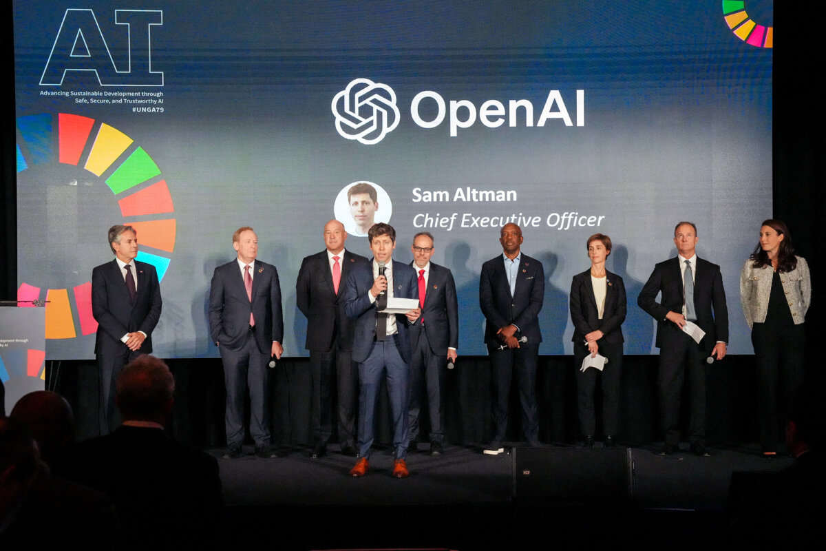 OpenAI CEO Sam Altman (C) speaks at Grand Central Terminal in New York City on Sept. 23, 2024. (Bryan R. Smith/Pool/AFP via Getty Images)