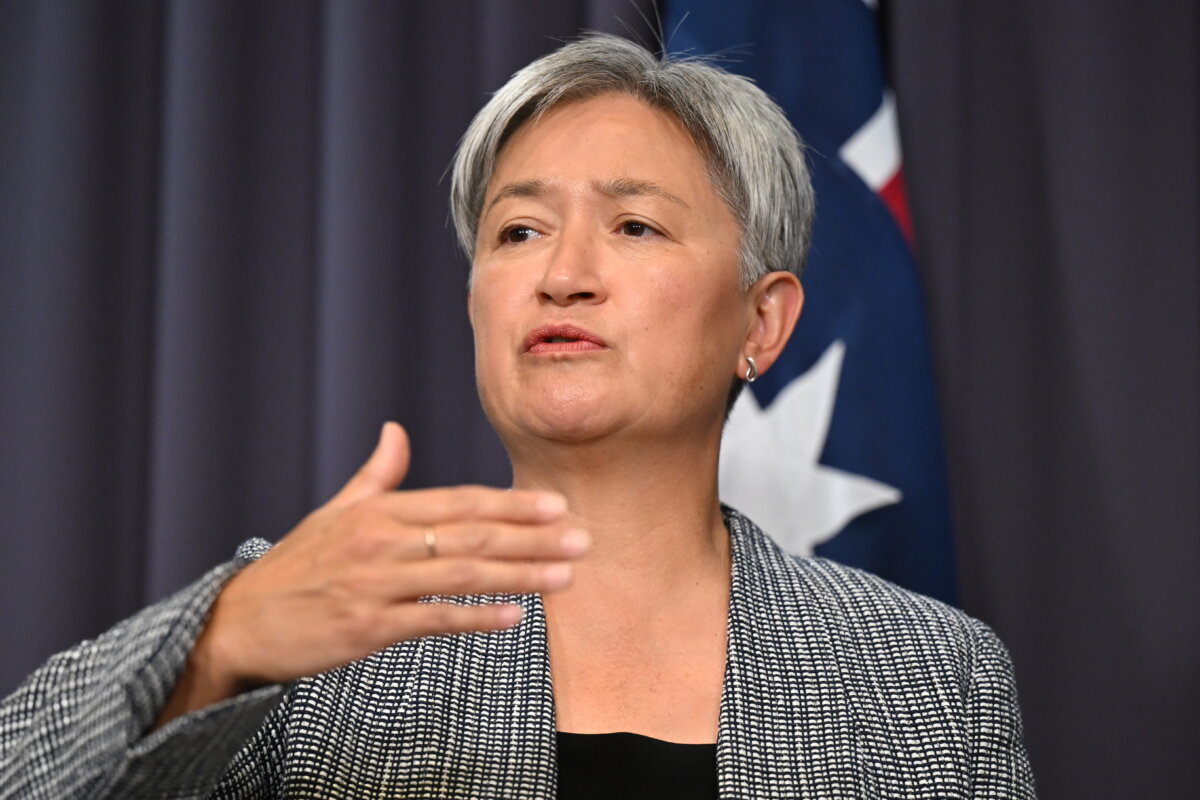 Australian Foreign Minister Penny Wong speaks to the media during a press conference with German Foreign Minister Dr Johann Wadephul at Parliament House in Canberra, Australia on Feb. 5, 2026. (AAP Image/Lukas Coch)