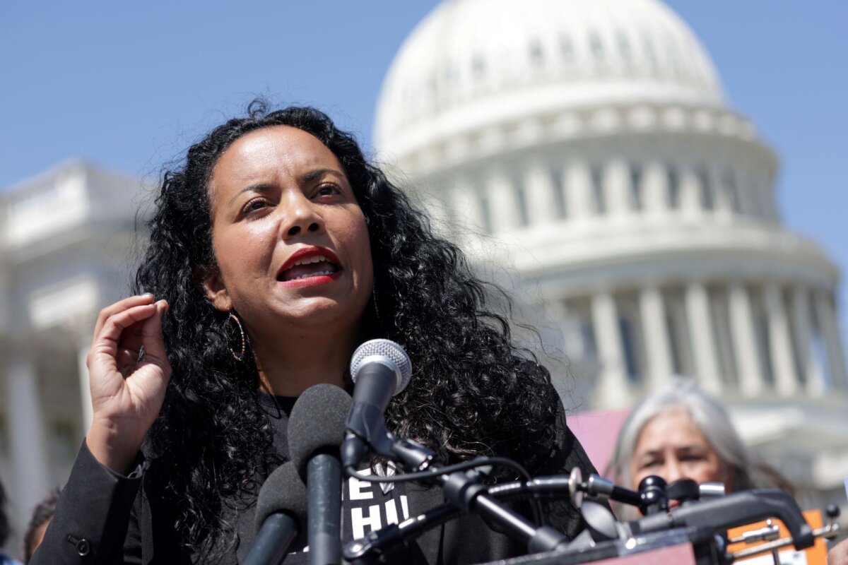 Analilia Mejia, coexecutive director of the Center for Popular Democracy, speaks during a news conference outside the U.S. Capitol on April 19, 2023. (Alex Wong/Getty Images)