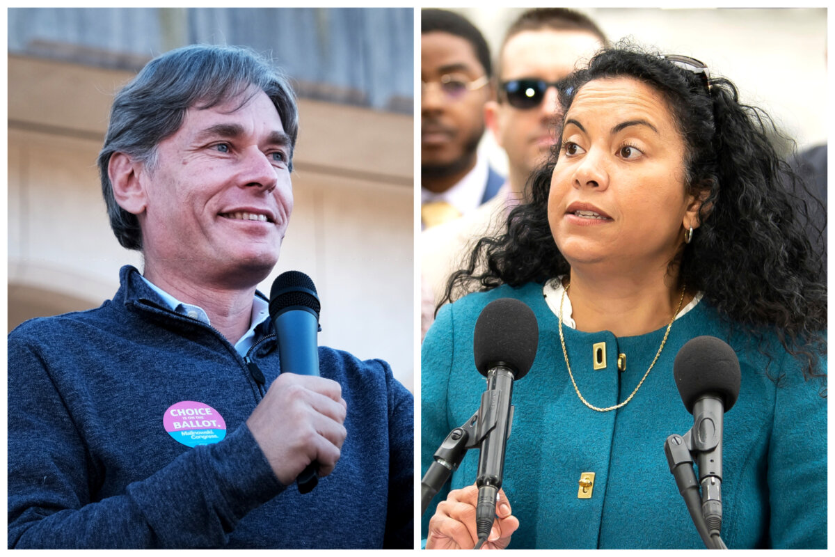 (Left) Democratic incumbent Rep. Tom Malinowski participates in a get out the vote event in Rahway, N.J., on Oct. 29, 2022. (Right) Analilia Mejia speaks during a rally calling for SCOTUS ethics reform in Washington on May 2, 2023. (Spencer Platt/Getty Images;Joy Asico/AP Images for Center for Popular Democracy Action)