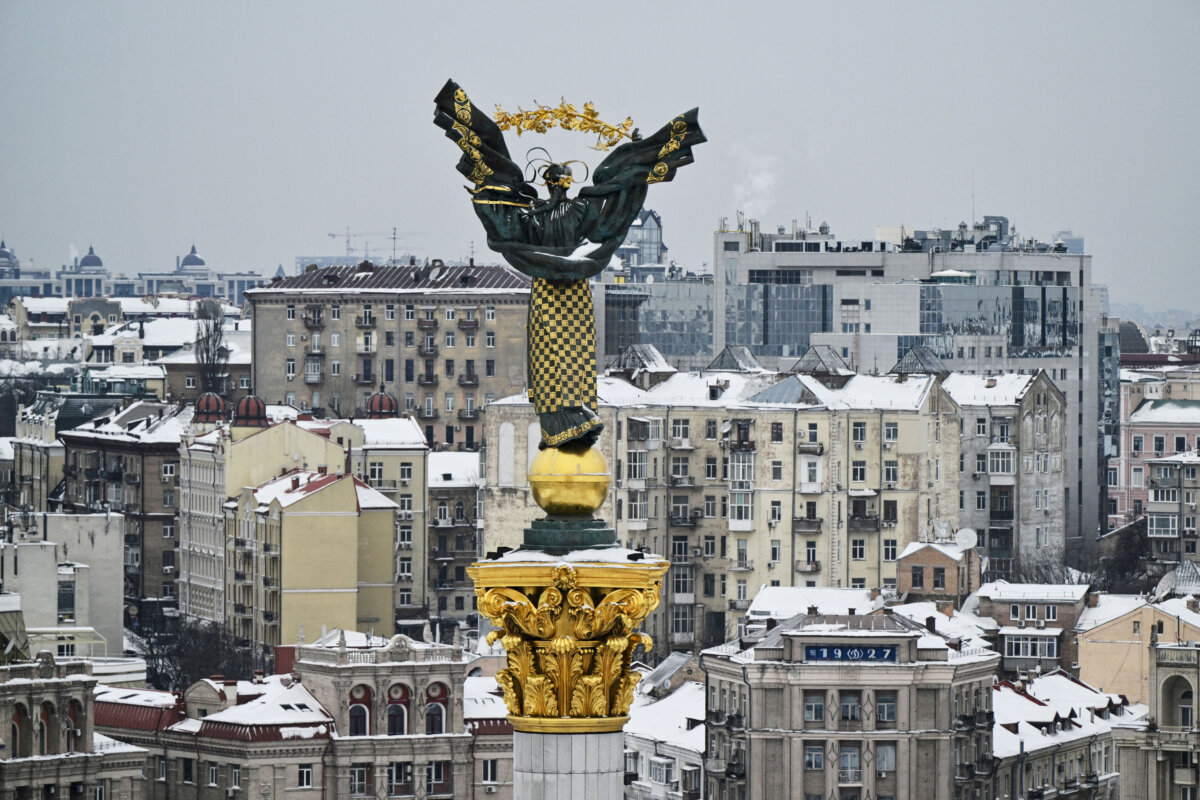 The Independence Monument towering over the Independence Square in Kyiv, Ukraine, on Feb. 6, 2026. (Genya Savilov/AFP via Getty Images)