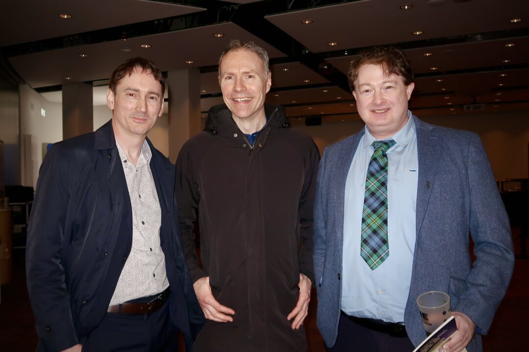 (L to R) Ross Cormack, Tom McComb, and Robert Campbell attend Shen Yun Performing Arts with friends at SEC Armadillo, in Glasgow, Scotland, on Feb. 6, 2026. (Jenna Zhan/The Epoch Times)