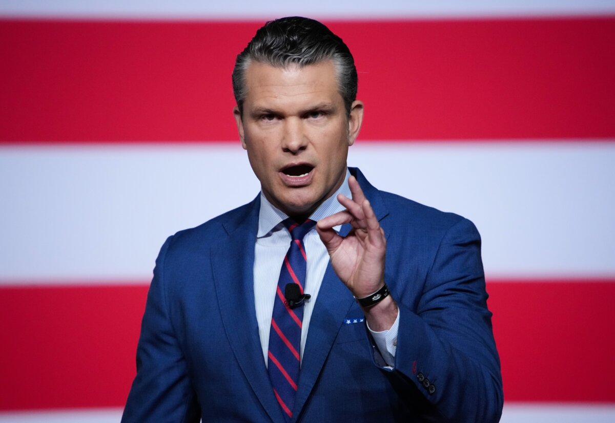 Secretary of War Pete Hegseth speaks to senior military leaders at Marine Corps Base Quantico in Quantico, Va., on Sept. 30, 2025. (Andrew Harnik/Getty Images)