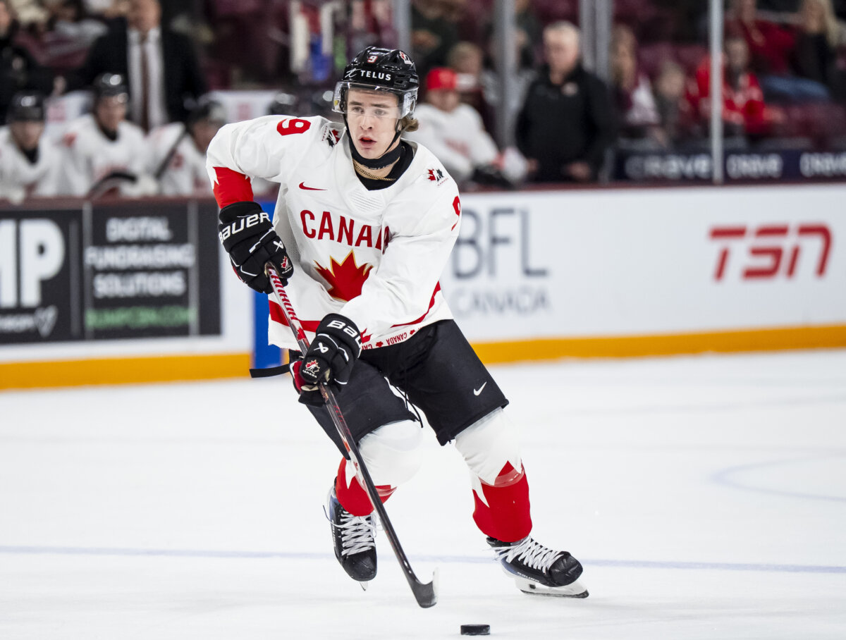 Canada's Gavin McKenna (9) skates with the puck during IIHF World Junior Championship hockey action against Latvia, in Minneapolis on Dec. 27, 2025. (The Canadian Press/Christopher Katsarov)