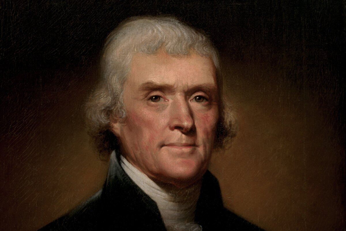 Cropped image of the official portrait of Thomas Jefferson, 1800, by Rembrandt Peale. Oil on canvas. White House, Washington. (Public Domain)