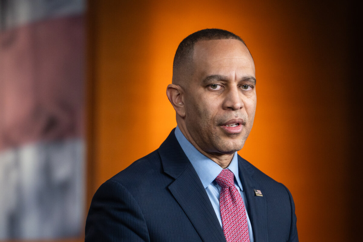House Minority Leader Hakeem Jeffries (D-N.Y.) speaks during a press conferece on Capitol Hill in Washington on Feb. 9, 2026. (Madalina Kilroy/The Epoch Times)