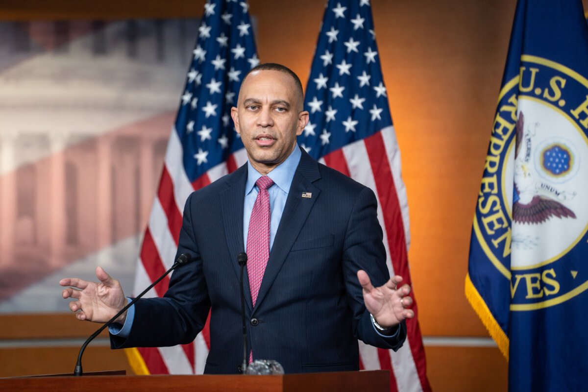 House Minority Leader Hakeem Jeffries (D-N.Y.) speaks during a press conferece on Capitol Hill in Washington on Feb. 9, 2026. (Madalina Kilroy/The Epoch Times)