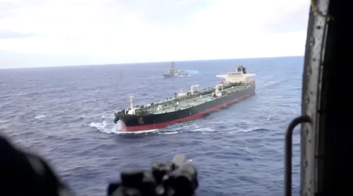 Tanker Aquila II in the Indian Ocean in a still from video released on Feb. 9, 2026. U.S. military forces boarded a crude oil tanker "without incident" overnight in the Indian Ocean after pursuing it from the Caribbean, the Pentagon said on Feb. 9, 2026. (Department of War/Screenshot via The Epoch Times)