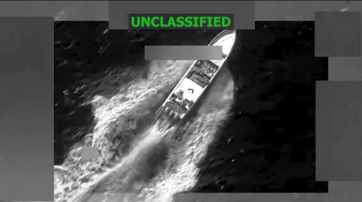 Joint Task Force Southern Spear conducts a lethal strike on an alleged drug boat in the Eastern Pacific on Feb. 9, 2026. (US Southern Command/Screenshot via The Epoch Times)