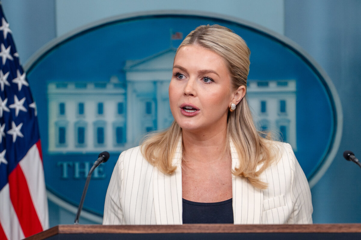 White House press secretary Karoline Leavitt speaks during a press briefing at the White House in Washington on Feb. 10, 2026. (Madalina Kilroy/The Epoch Times)