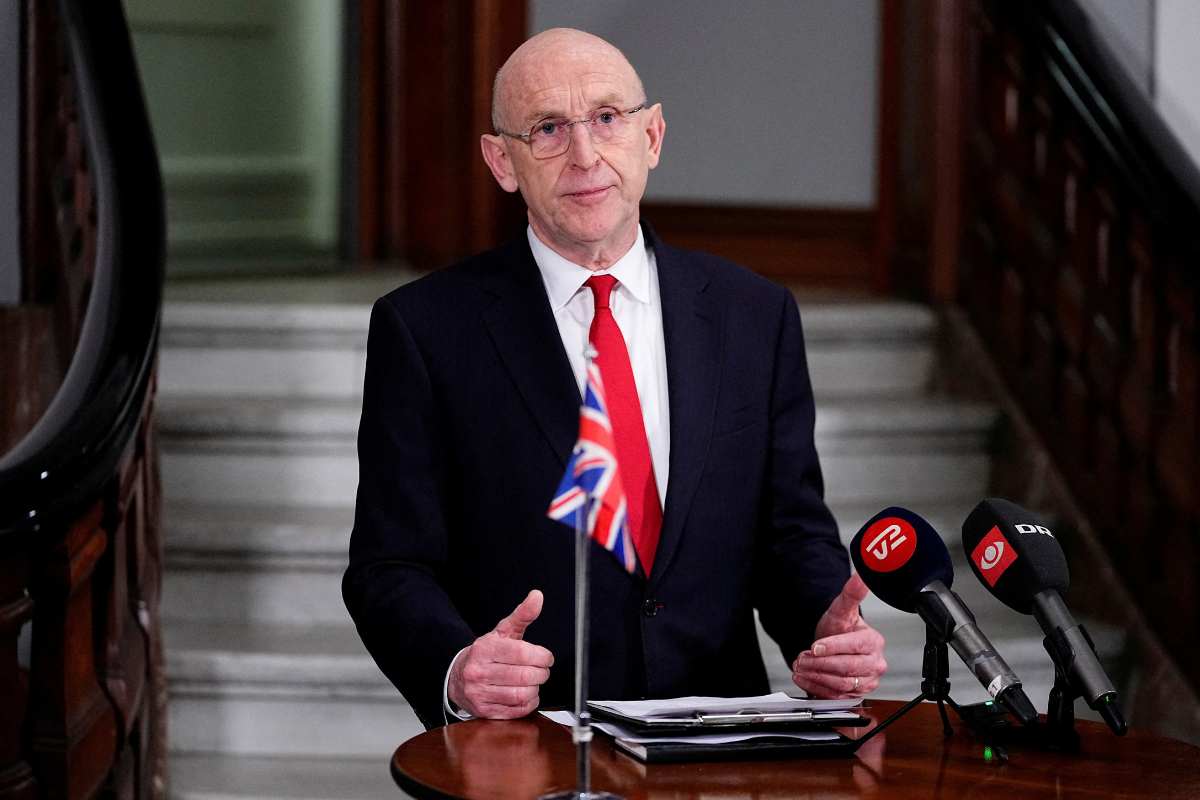 British Defense Minister John Healey attends a press conference at the Ministry of Defense in Copenhagen, Denmark, on Jan. 21, 2026. (Thomas Traasdahl/Ritzau Scanpix/Reuters)