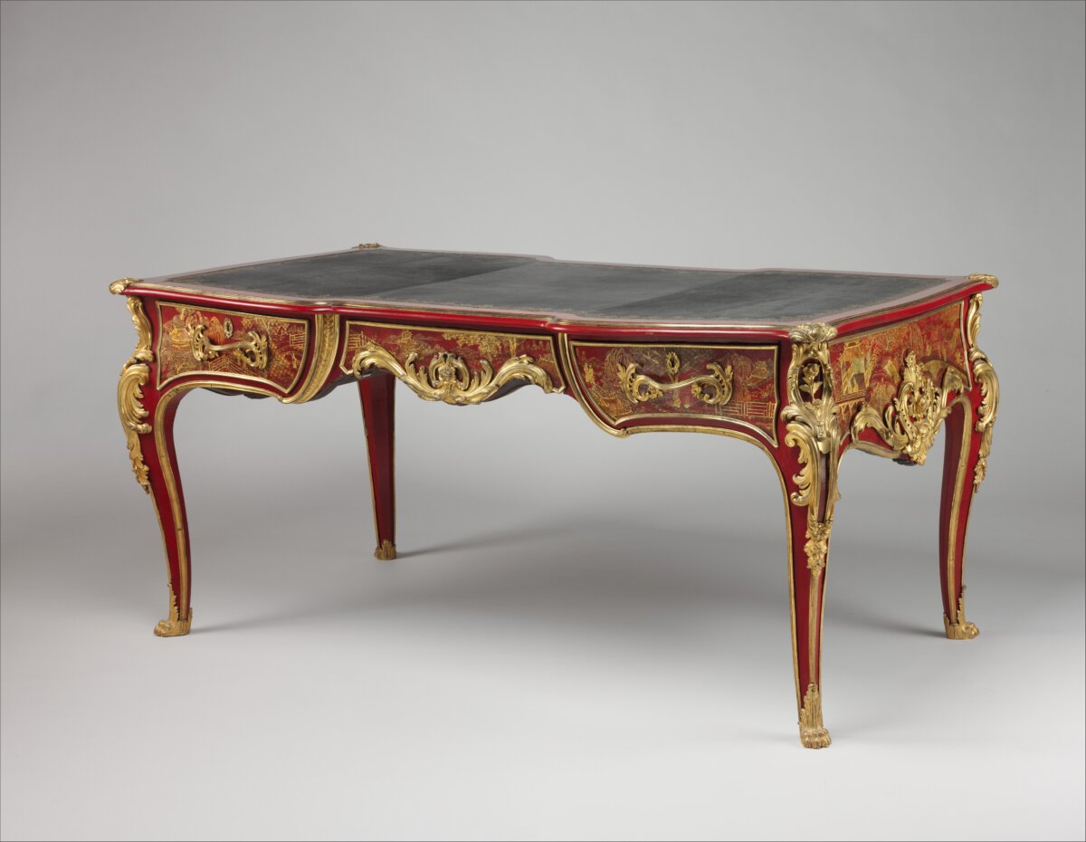 Writing table (bureau plat), 1759, by Gilles Joubert. Lacquered oak, gilt-bronze mounts, lined with modern leather. Metropolitan Museum of Art, New York City. (Public Domain)