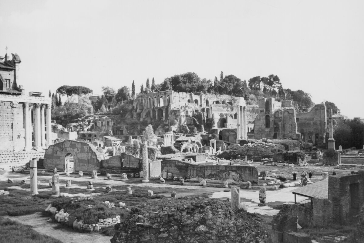 The Roman Forum, a rectangular forum surrounded by the ruins of several important ancient government buildings at the center of the city of ancient Rome, circa 1920–1960. (J.L. Hamar/Archive Photos/Getty Images)