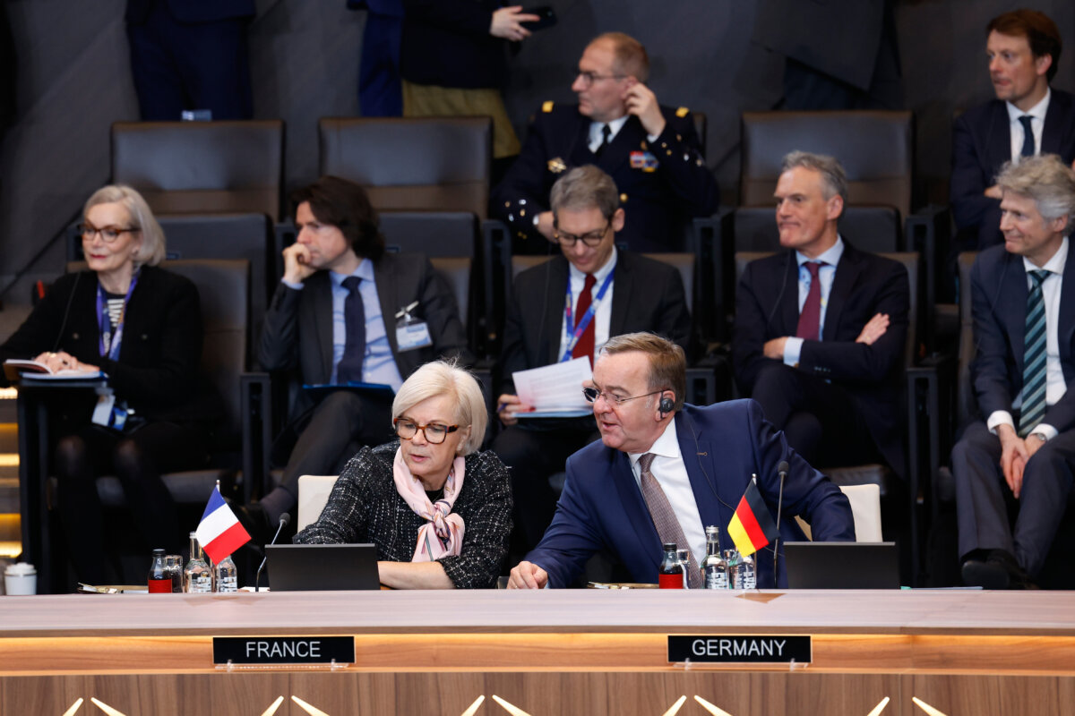 German Defense Minister Boris Pistorius (R) speaks with French Defense Minister Catherine Vautrin during a meeting of the North Atlantic Council's Defense Ministers Session at NATO headquarters in Brussels on Feb. 12, 2026. (Geert Vanden Wijngaert/AP Photo)