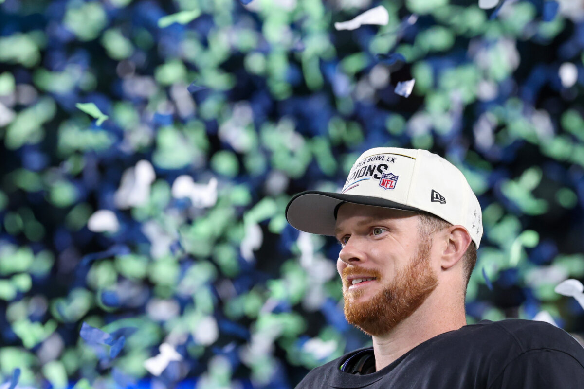 Sam Darnold of the Seattle Seahawks reacts after defeating the New England Patriots 29–13 to win Super Bowl LX at Levi's Stadium in Santa Clara, Calif., on Feb. 8, 2026. (Kevin C. Cox/Getty Images)