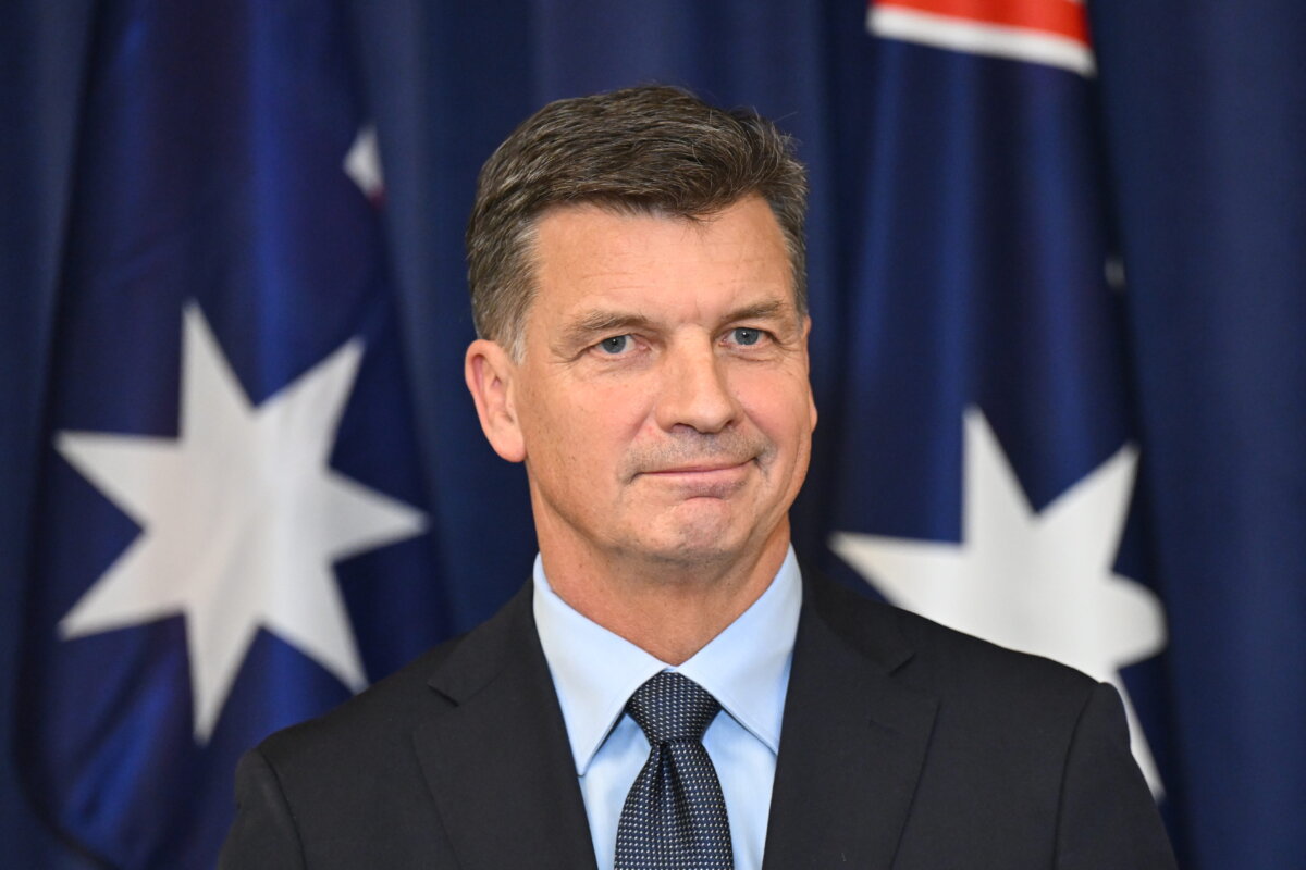 Newly elected Leader of the Opposition Angus Taylor speaks to the media during a press conference after a special party room meeting at Parliament House in Canberra, Australia on Feb. 13, 2026. (AAP Image/Lukas Coch)