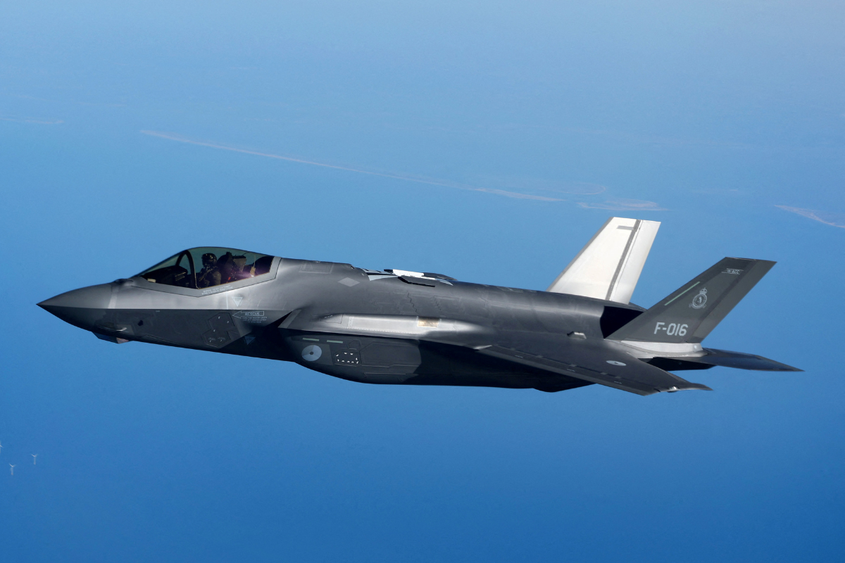 A Dutch F-35 fighter jet after being refuelled by a Multinational MRTT Unit in the air during NATO's Ramstein Flag exercise above Denmark starting from Eindhoven, the Netherlands, on April 2, 2025. (Piroschka van de Wouw/Retuers)