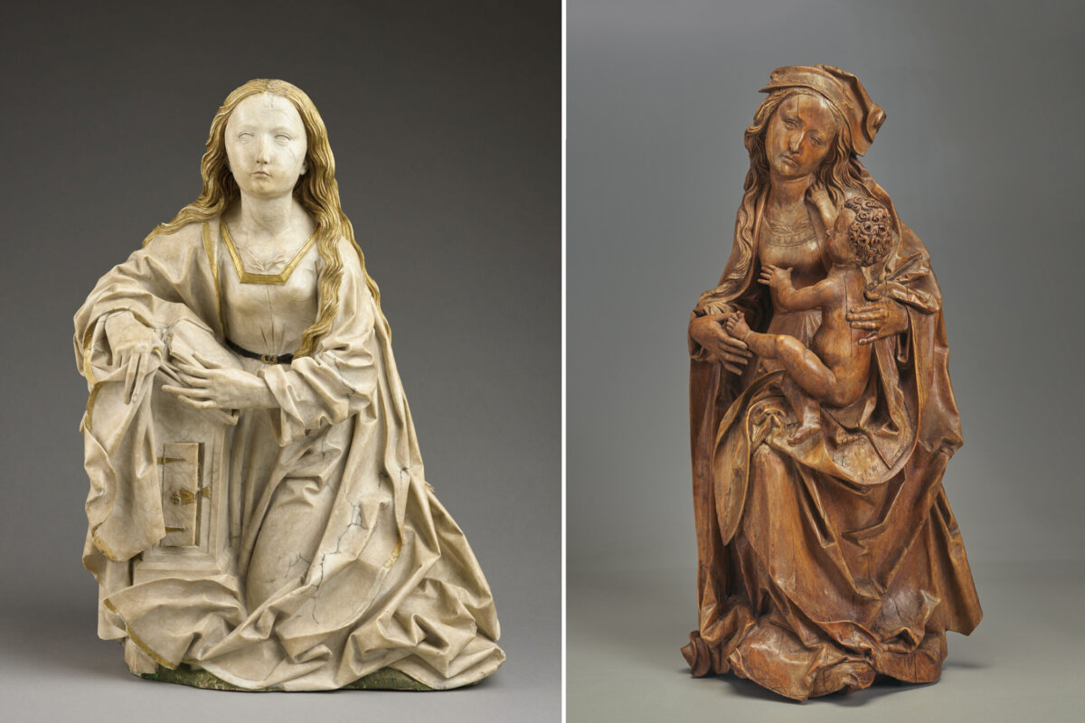 Tilman Riemenschneider’s sculptures: (Left) "The Virgin of the Annunciation," circa 1495. (Right) "Virgin and Child Enthroned," circa 1500–1505. (Stéphane Maréchalle/Louvre Museum)