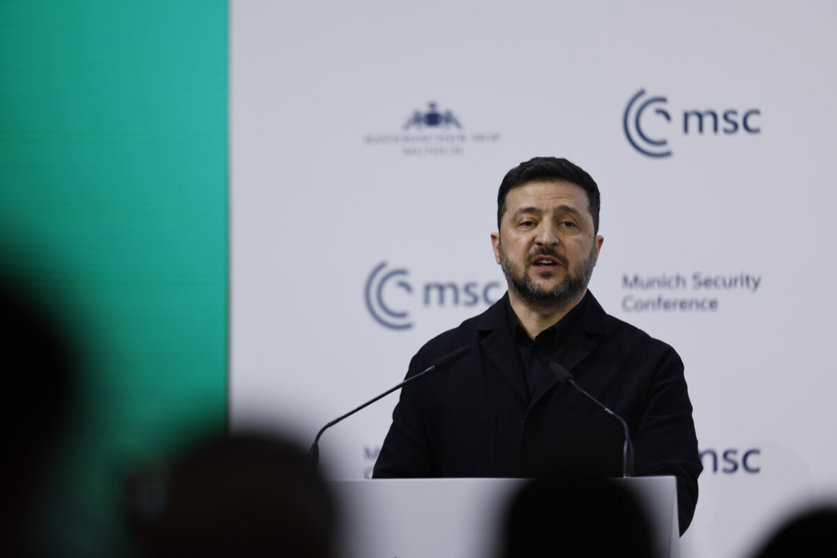Ukrainian president Volodymyr Zelenskyy delivers a keynote speech at the 62nd Munich Security Conference in Munich, Germany, on Feb. 14, 2026. (Johannes Simon/Getty Images)