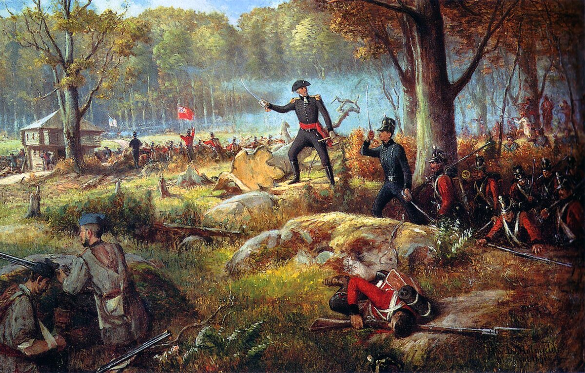 Charles-Michel de Salaberry (C) leads the Canadian Voltigeurs against American forces during the Battle of the Chateauguay in 1813, in a painting by E. H. de Holmfield. (Public Domain)