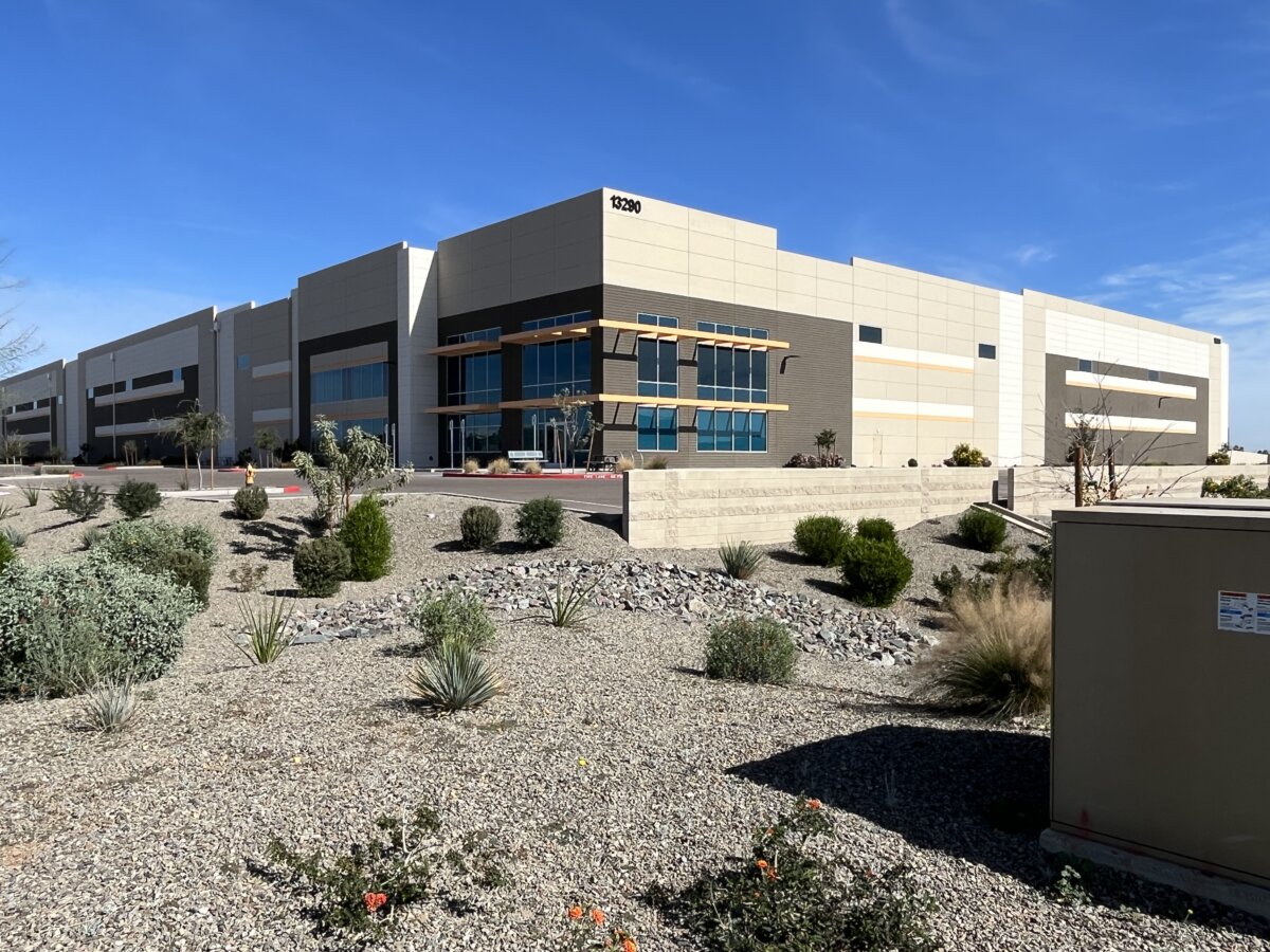 A 418,000-square-foot warehouse building purchased by the Department of Homeland Security as a potential detention center for illegal immigrants, sparking a local backlash, in Surprise, Ariz., on Feb. 12, 2026. (Allan Stein/The Epoch Times)