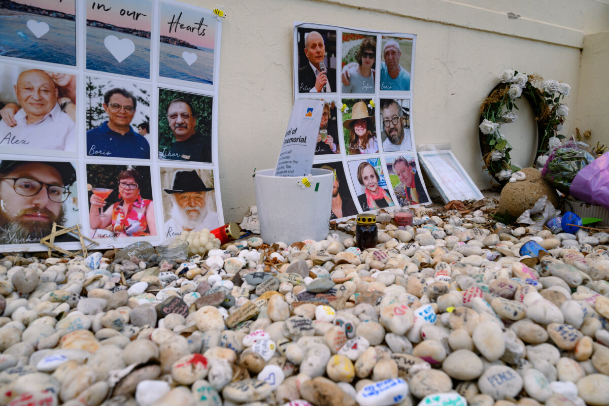 Stones of remembrance are place in front of Bondi Pavilion at Bondi Beach in Sydney, Australia, on Jan. 22, 2026. (George Chan/Getty Images)