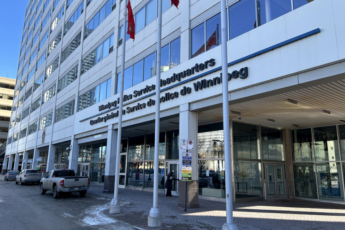 The Winnipeg Police Service headquarters is pictured in Winnipeg on Feb. 9, 2026. (The Canadian Press/Steve Lambert)