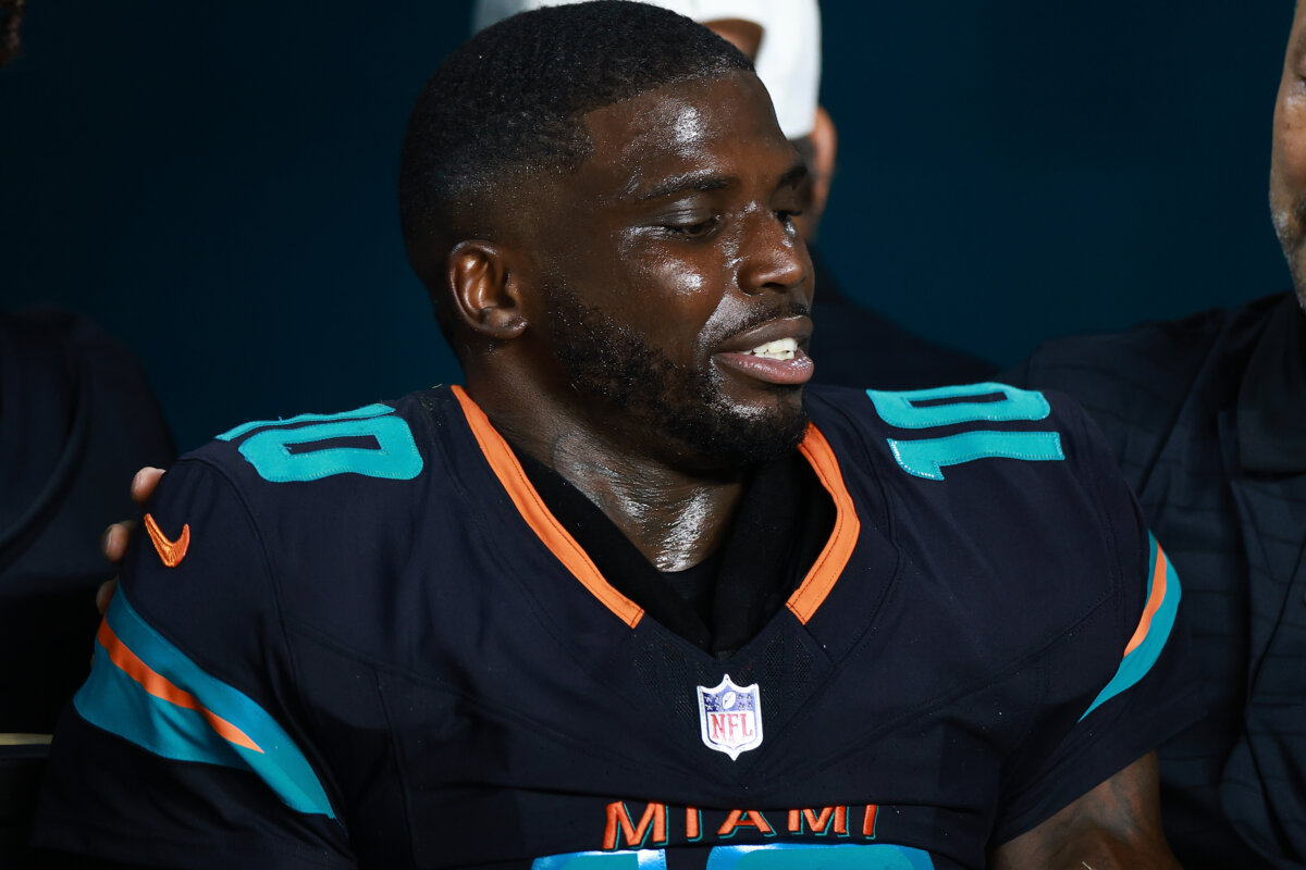 Tyreek Hill of the Miami Dolphins leaves the field following an injury during the third quarter against the New York Jets at Hard Rock Stadium in Miami Gardens, Fla., on Sept. 29, 2025. (Carmen Mandato/Getty Images)
