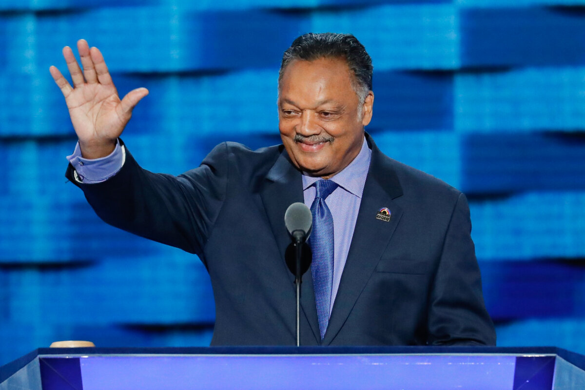 Rev. Jesse Jackson waves as he steps to the podium during the third day of the Democratic National Convention in Philadelphia, Penn., on July 27, 2016. (Scott Applewhite/AP Photo)