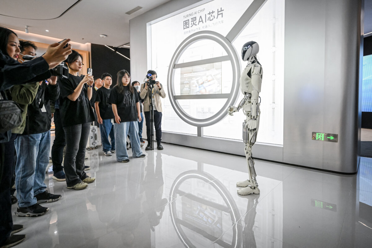 Xpeng’s next-gen Iron humanoid robot speaks to media during a showroom tour at its headquarters in Guangzhou, Guangdong Province, China, on Nov. 5, 2025. (Jade Gao/AFP via Getty Images)