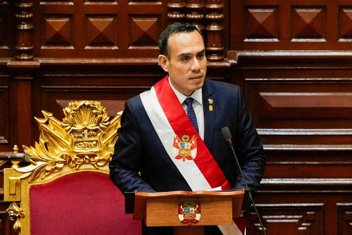 Peruvian President José Jerí looks on during the swearing-in ceremony, after Congress voted to remove former President Dina Boluarte, in Lima, Peru, on Oct. 10, 2025. (Angela Ponce/Reuters)