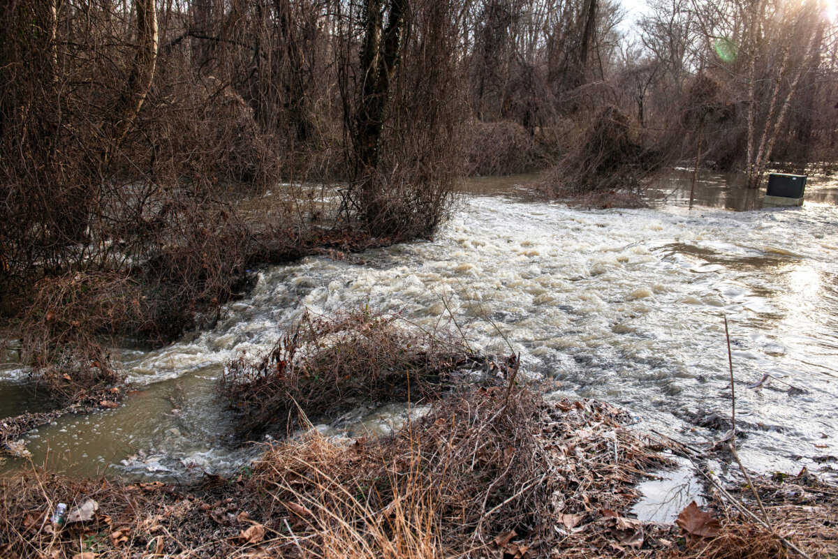 Raw sewage flows into the Potomac River after a massive sewage pipe rupture in Glen Echo, Md., on Jan. 23, 2026. (Cliff Owen /AP Photo)