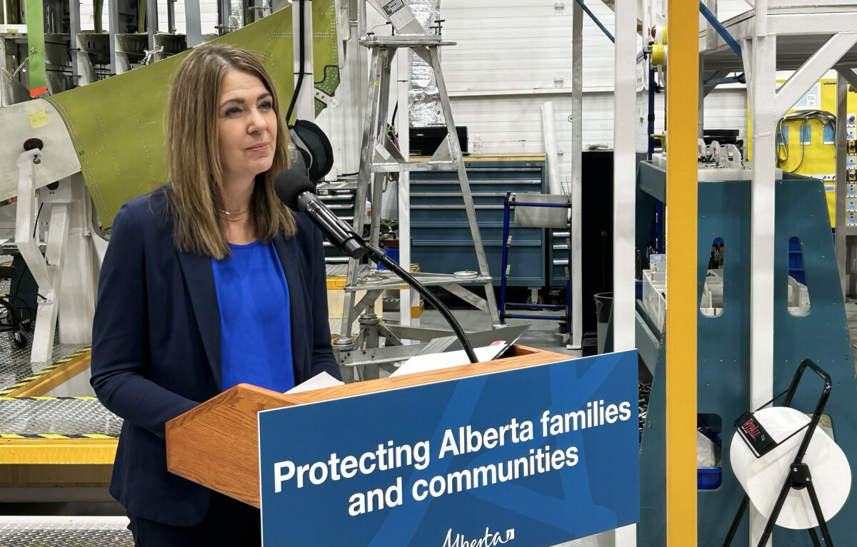 Alberta Premier Danielle Smith speaks at a press conference in Calgary on Feb. 17, 2026. (The Canadian Press/Dayne Patterson)