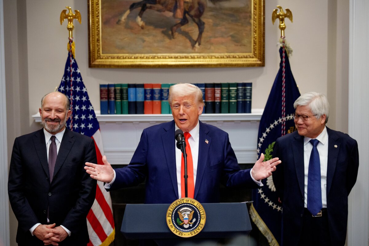 U.S. President Donald Trump, accompanied by Commerce Secretary Howard Lutnick (L) and Taiwan Semiconductor Manufacturing Company (TSMC) CEO C.C. Wei (R), speaks in the Roosevelt Room of the White House in Washington on March 3, 2025. (Andrew Harnik/Getty Images)