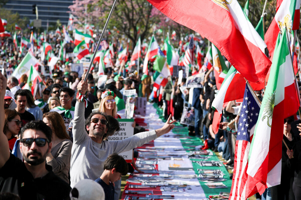 Demonstrators rally in solidarity with the Iranian protest movement in Los Angeles on Feb. 14, 2026. (Patrick T. Fallon/AFP via Getty Images)