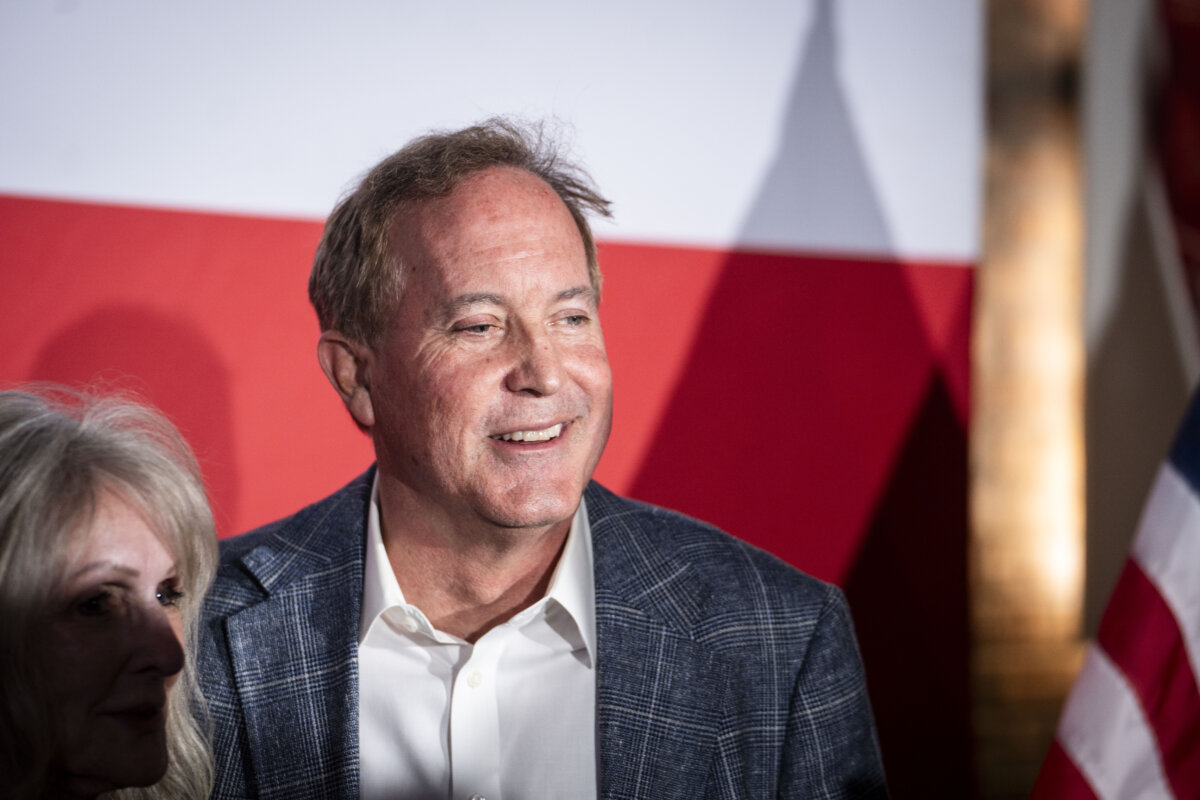 Texas Attorney General Ken Paxton speaks at an event with his supporters during the Texas Senate Primary in Magnolia, Texas, on Feb. 19, 2026. (Madalina Kilroy/The Epoch Times)